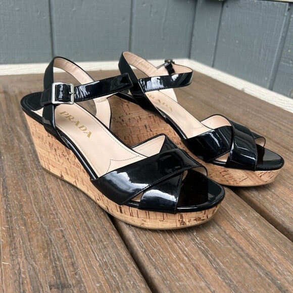 Prada Cork Black Patent Leather Wedges Sandals US 6.5 Size 36.5 - Picture 1 of 11
